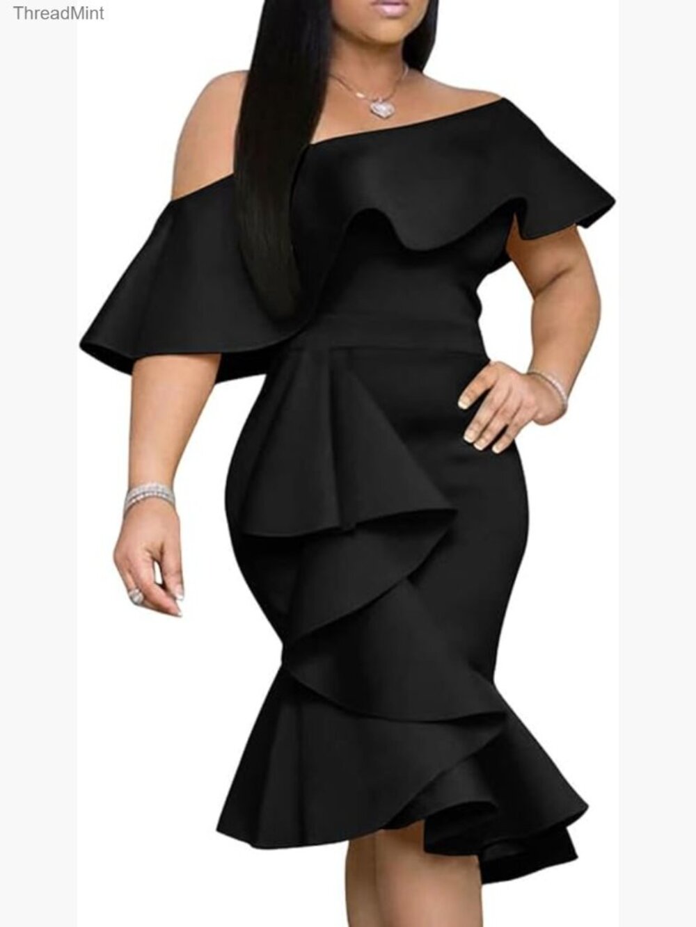 Off Shoulder Ruffle Bodycon Midi Dress with Back Zipper, Stretchy Fit